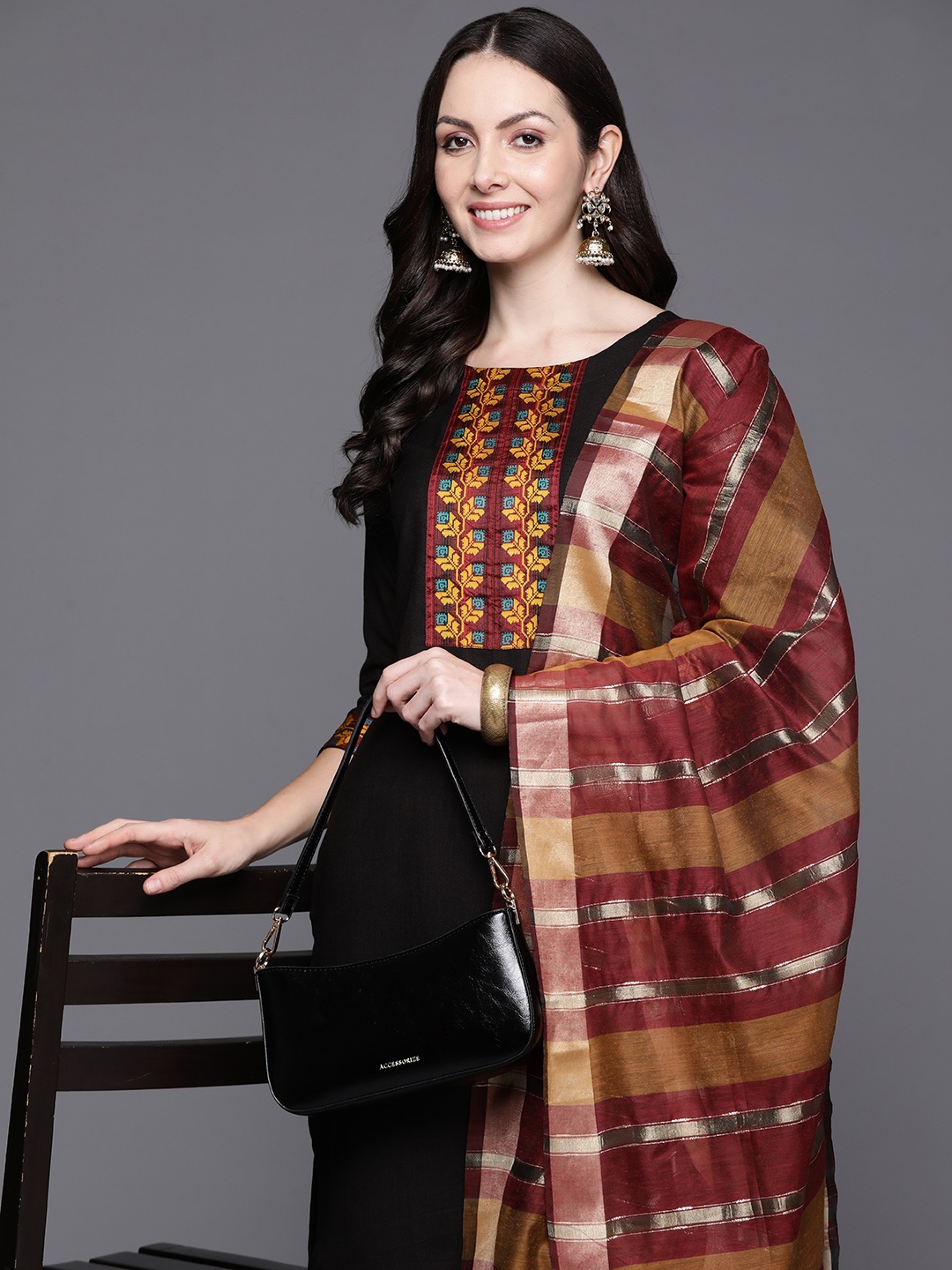 

Indo Era Women Yoke Design Regular Kurta with Palazzos & Dupatta, Black