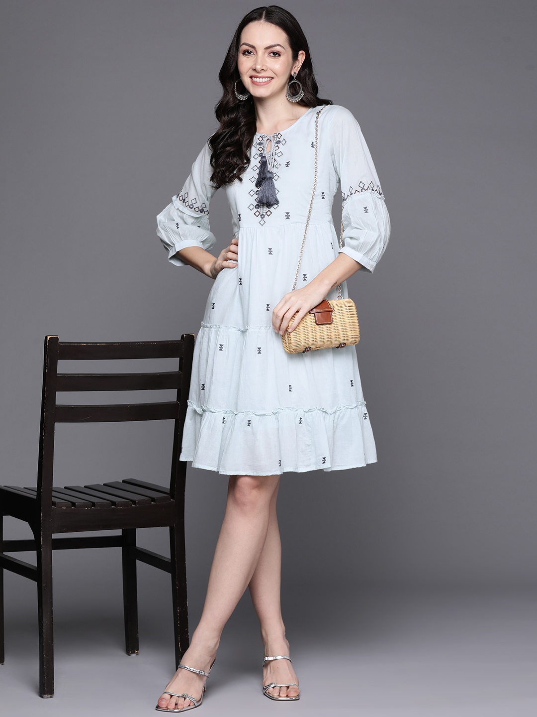 

Indo Era Ethnic Motifs Embroidered Tiered A-Line Dress, Blue