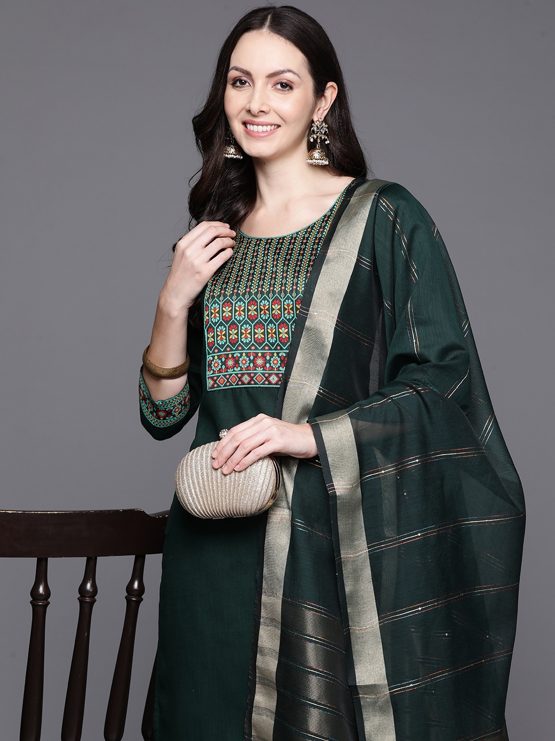

Indo Era Women Yoke Design Regular Kurta with Palazzos & Dupatta, Green