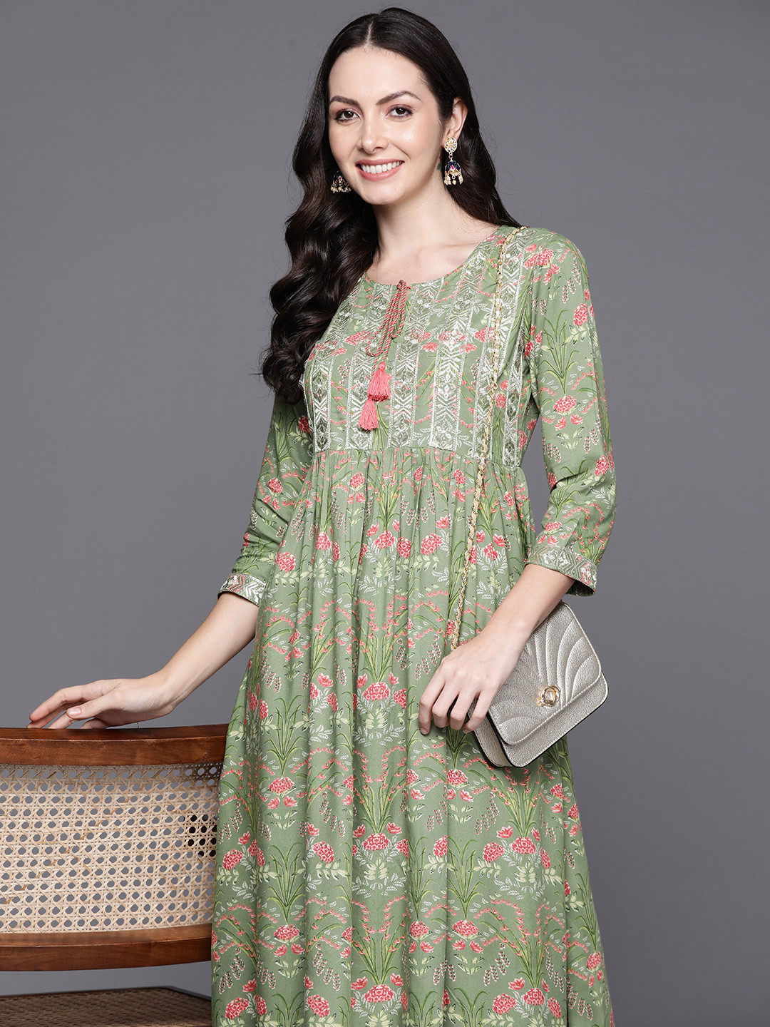 

Indo Era Ethnic Motifs Print A-Line Midi Dress, Olive
