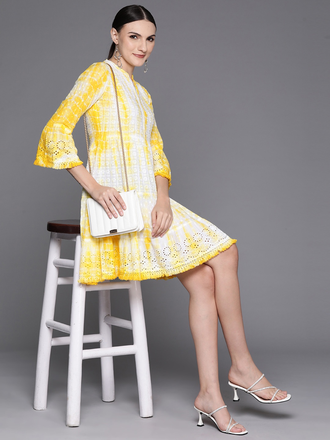 

Indo Era Tie and Dyed Bell Sleeve Cotton A-Line Dress, Yellow