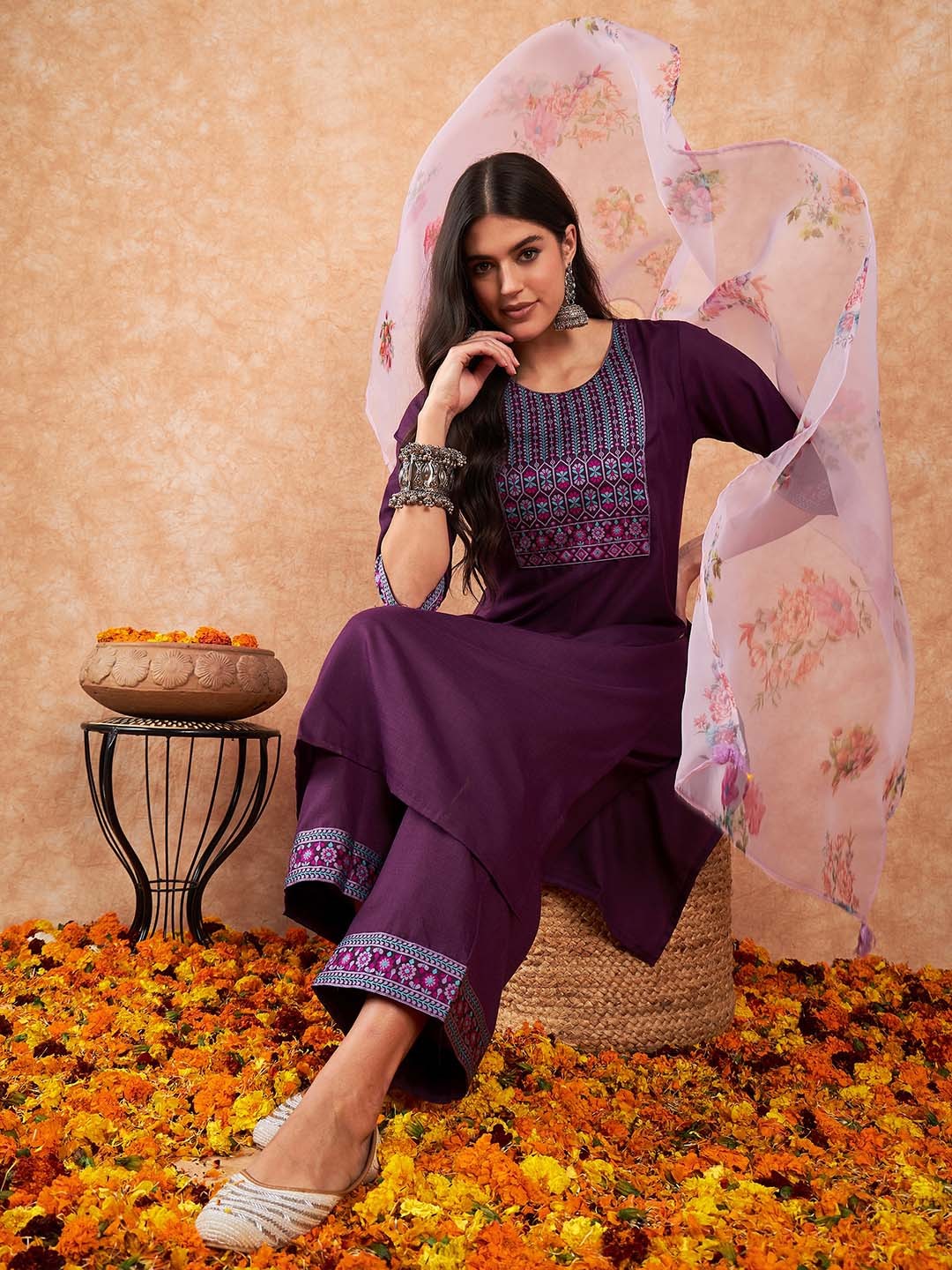 

Indo Era Women Purple Yoke Design Regular Kurta with Palazzos & With Dupatta