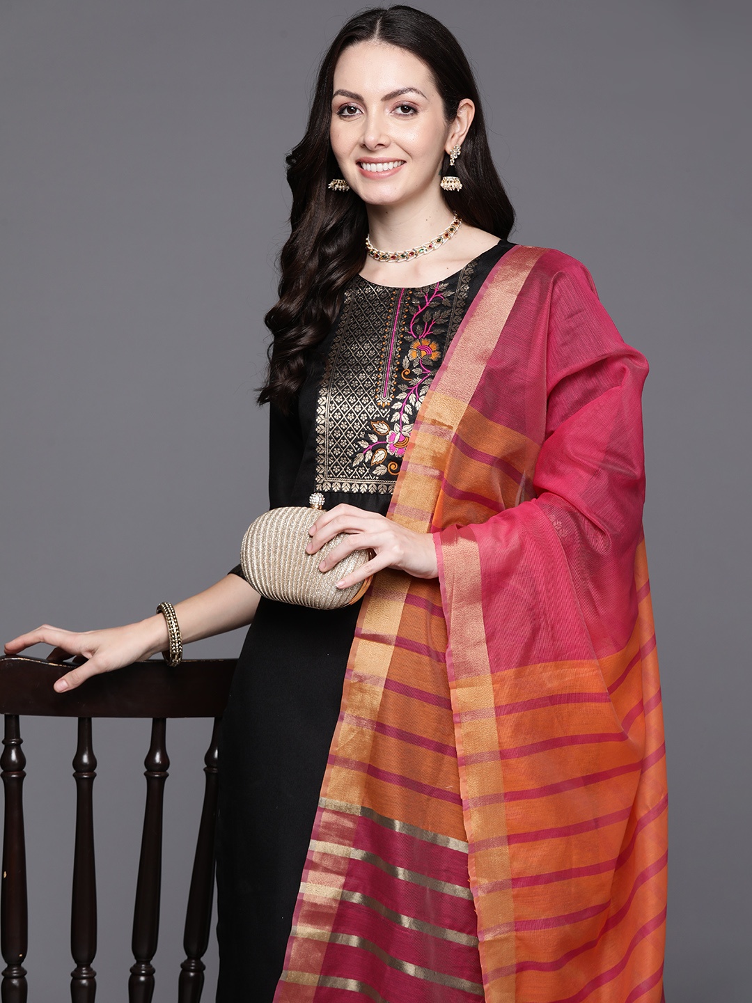 

Indo Era Women Yoke Design Kurta with Palazzos & Dupatta, Black