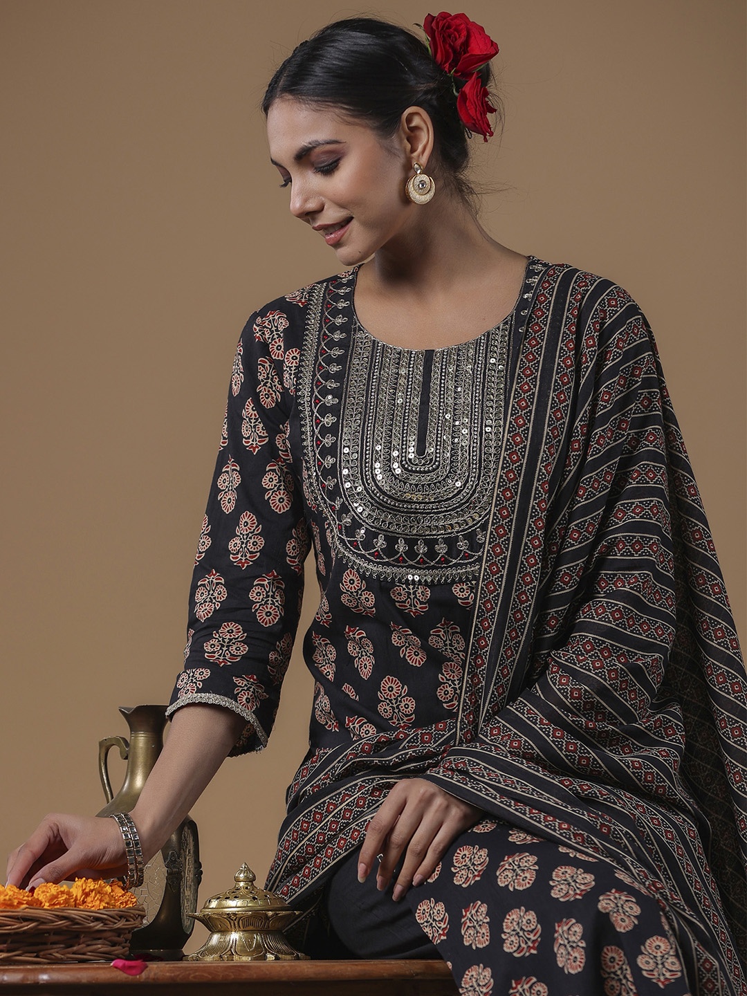 

Indo Era Ethnic Motifs Printed Sequinned Pure Cotton Kurta with Trousers & Dupatta, Black