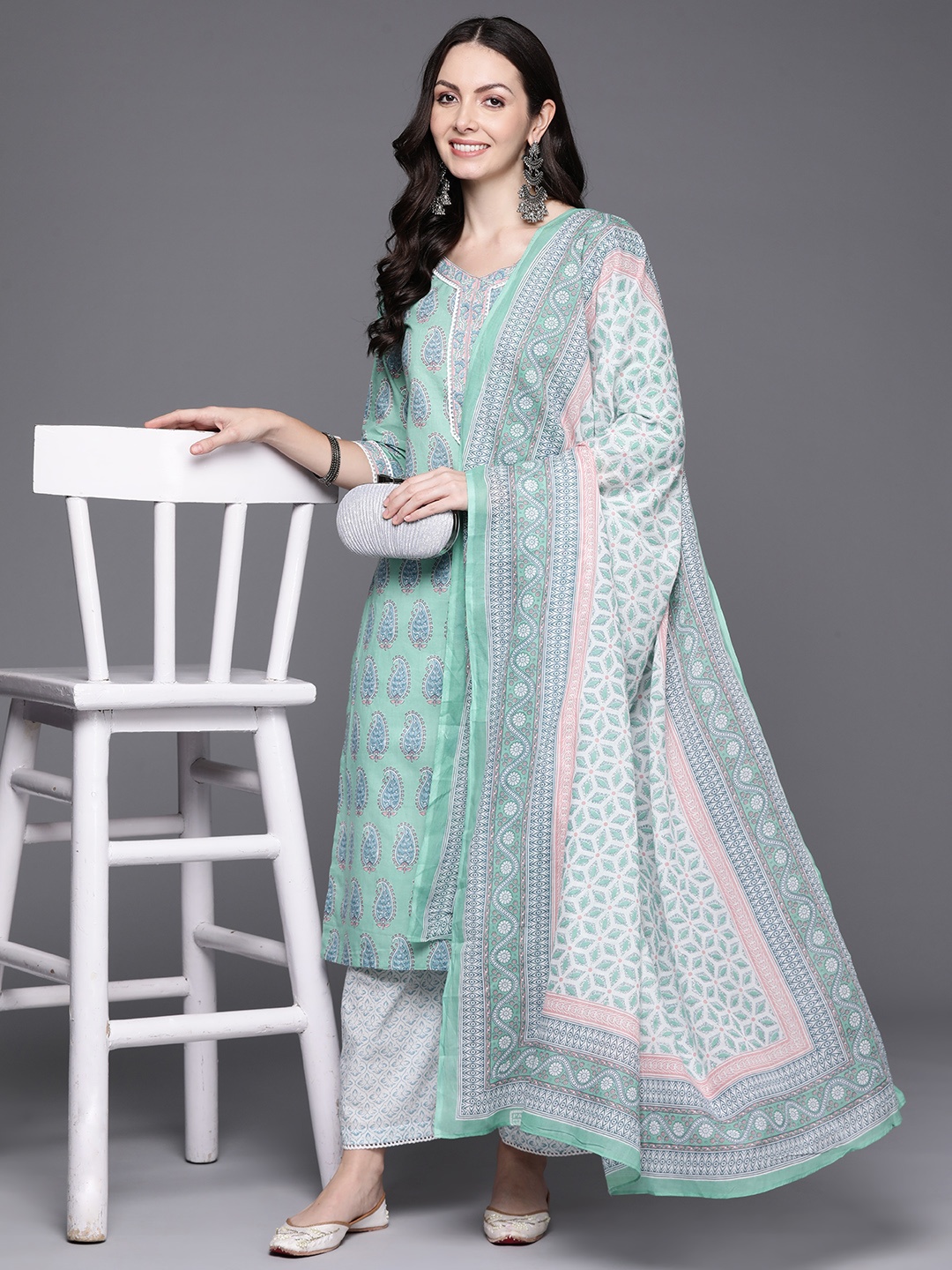 

Indo Era Paisley Printed Pure Cotton Kurta with Palazzos & Dupatta, Green