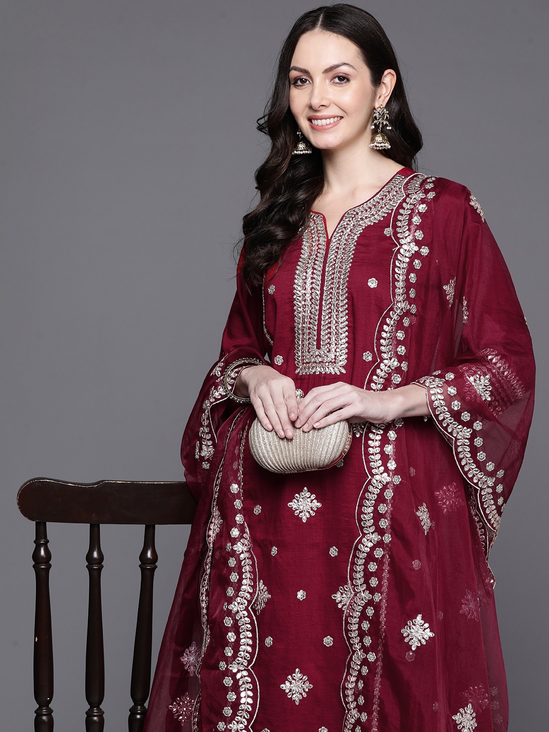 

Indo Era Women Ethnic Motifs Embroidered Kurta with Trousers & Dupatta, Maroon
