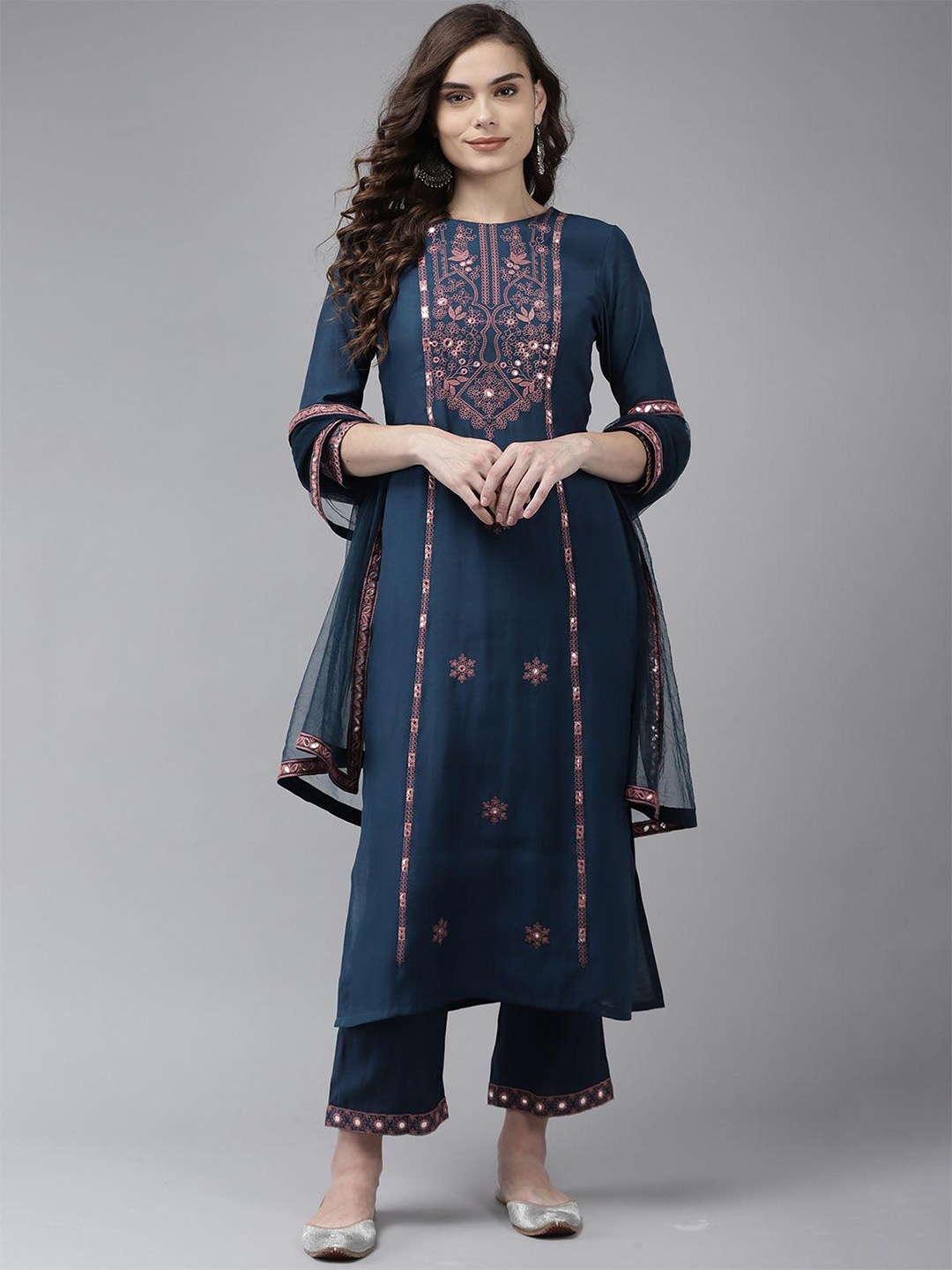 

ODETTE Ethnic Motifs Embroidered Semi Stitched Kurta With Palazzos & Dupatta, Blue