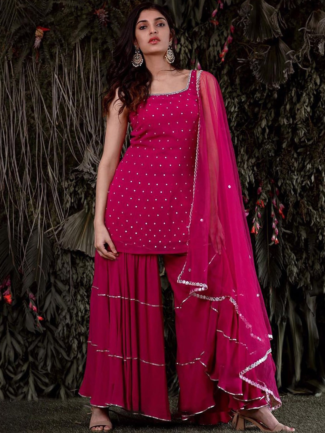 

ODETTE Ethnic Motifs Embroidered Georgette Semi Stitched Kurti with Palazzos & Dupatta, Pink