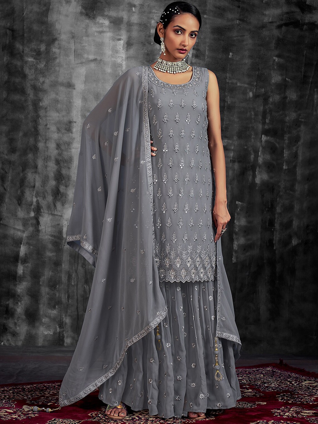 

ODETTE Floral Embroidered Regular Thread Work Kurta With Palazzos & With Dupatta, Grey