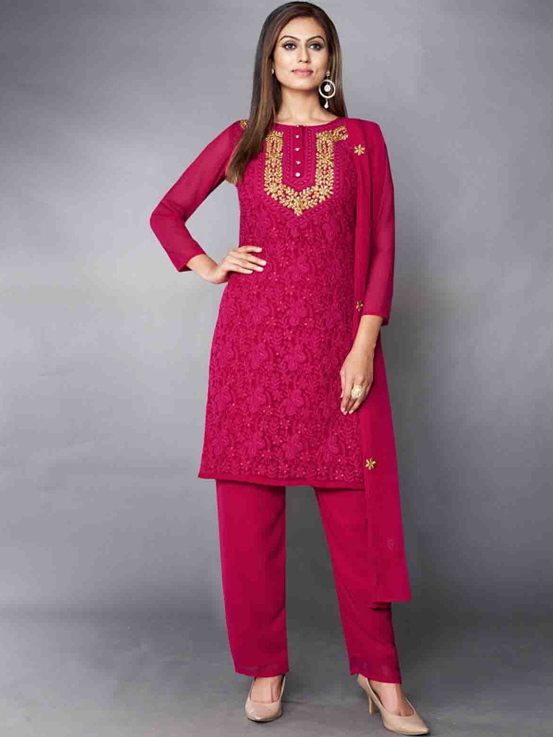 

ODETTE Ethnic Embroidered Thread Work Semi Stitched Kurta with Palazzos & Dupatta, Red