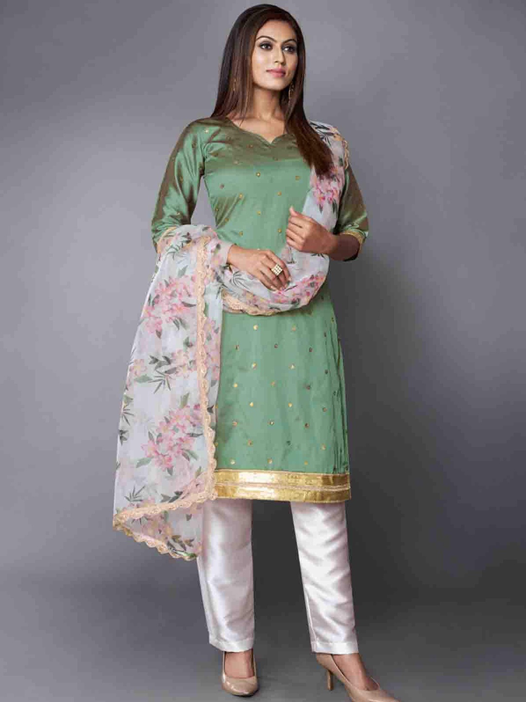 

ODETTE Sequinned Embellished Semi Stitched Kurta with Trousers & Dupatta, Green