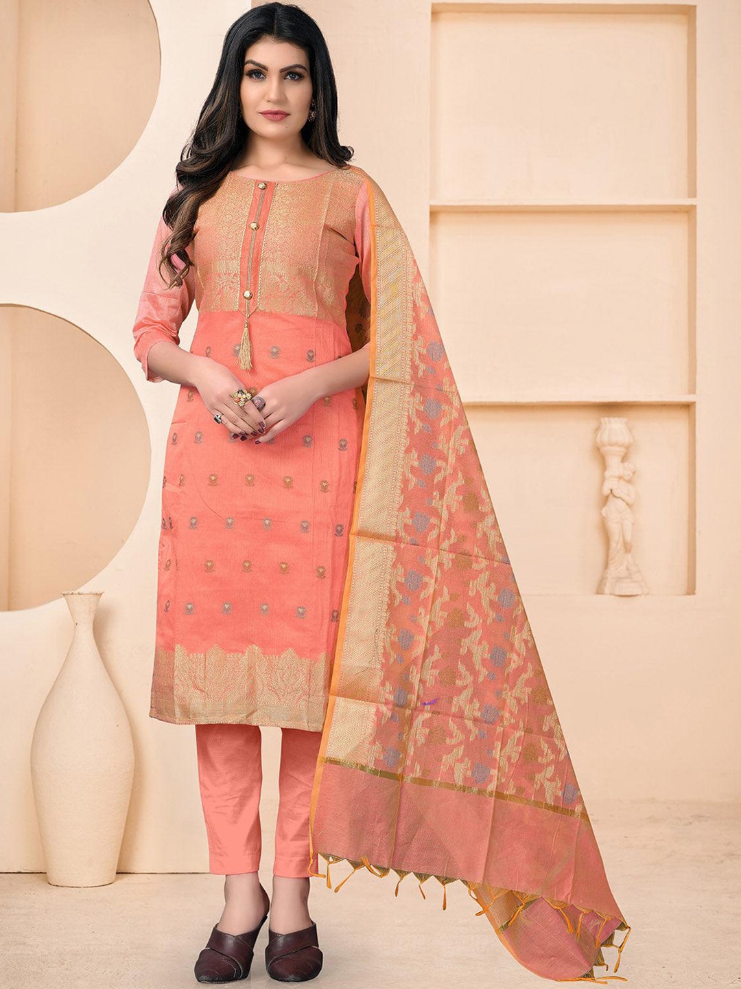 

ODETTE Woven Design Straight Semi Stitched Kurta with Trousers & Dupatta, Peach