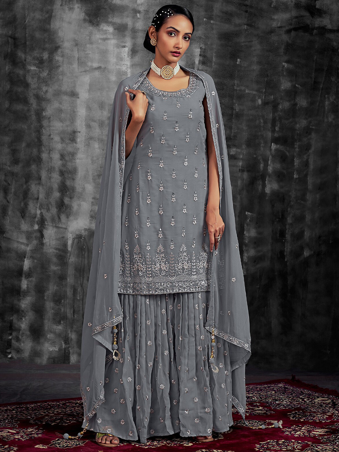 

ODETTE Floral Embroidered Thread Work Straight Kurta & Palazzos & With Dupatta, Grey