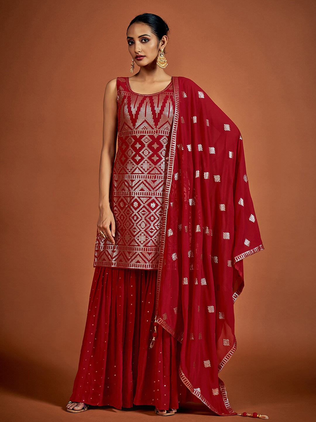 

ODETTE Embellished Sequinned Straight Kurta with Palazzos & With Dupatta, Red