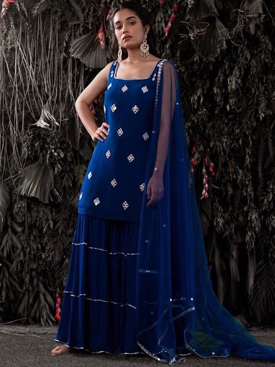 

ODETTE Embellished Mirror Work Semi Stitched Kurta with Palazzos & Dupatta, Blue