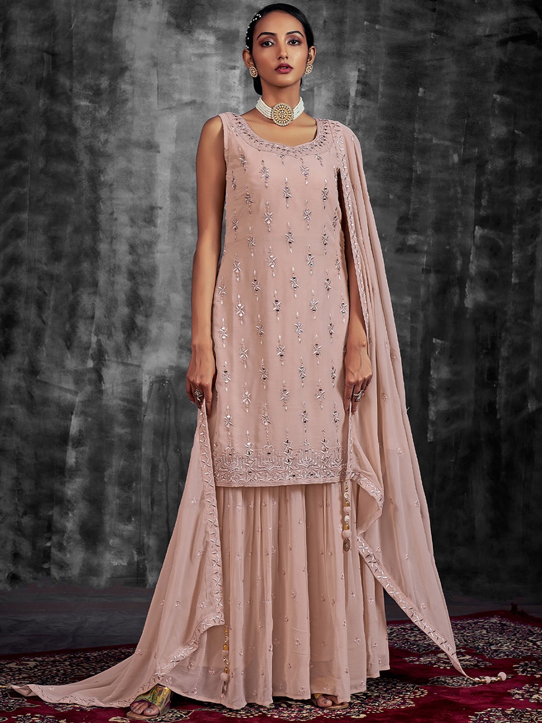 

ODETTE Ethnic Embroidered Mirror Work Kurta with Palazzos & With Dupatta, Peach