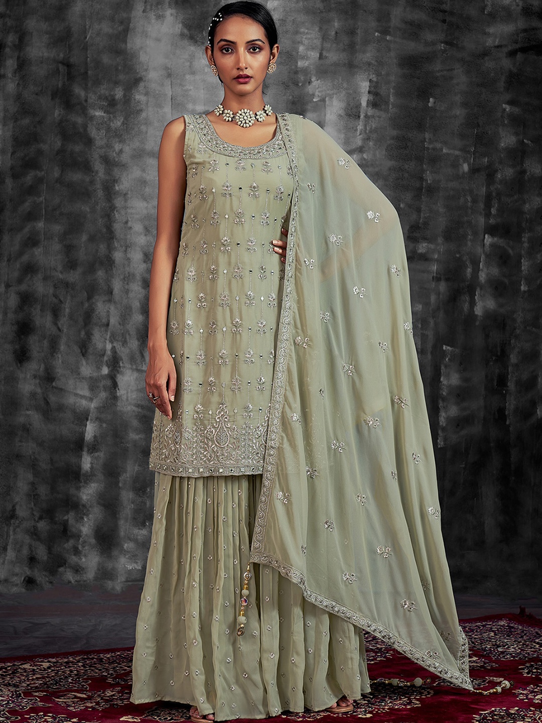 

ODETTE Ethnic Motifs Embroidered Mirror Work Kurta with Palazzos & Dupatta, Green