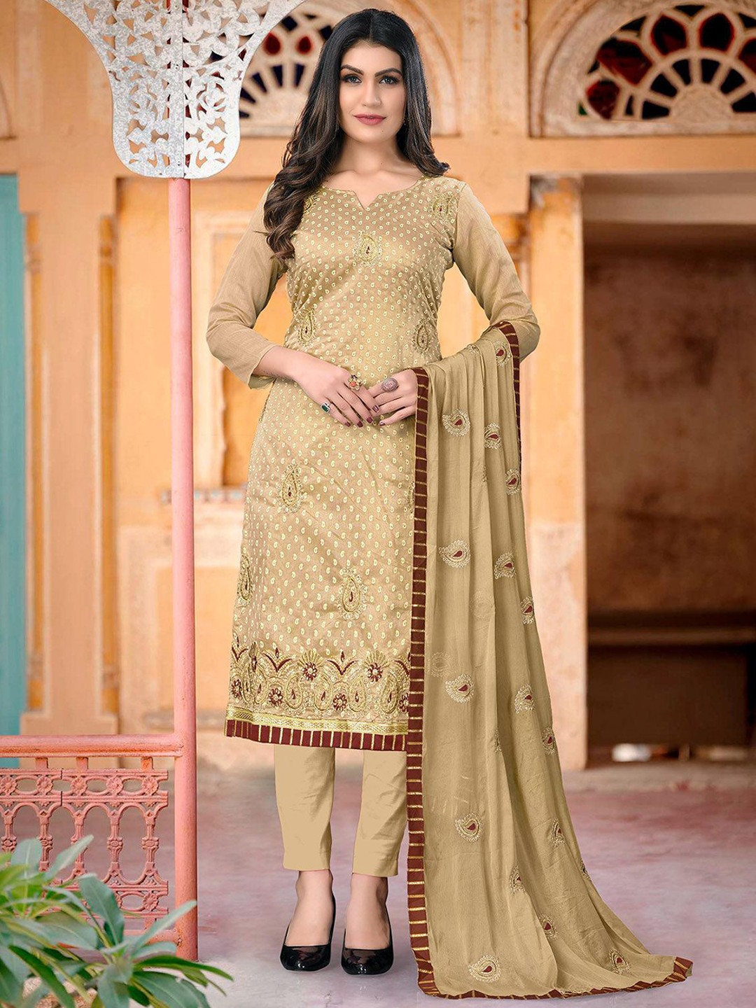 

ODETTE Paisley Embroidered Notched Neck Semi Stitched Kurta with Trousers & Dupatta, Beige