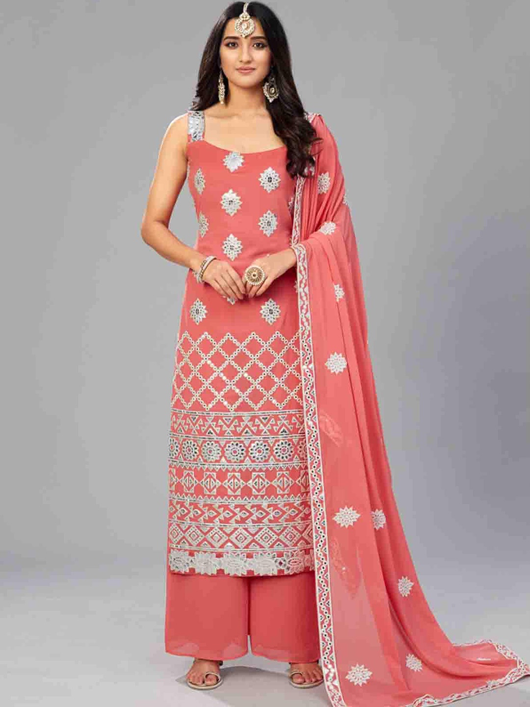 

ODETTE Floral Embroidered Mirror Work Semi Stitched Dress Material, Orange