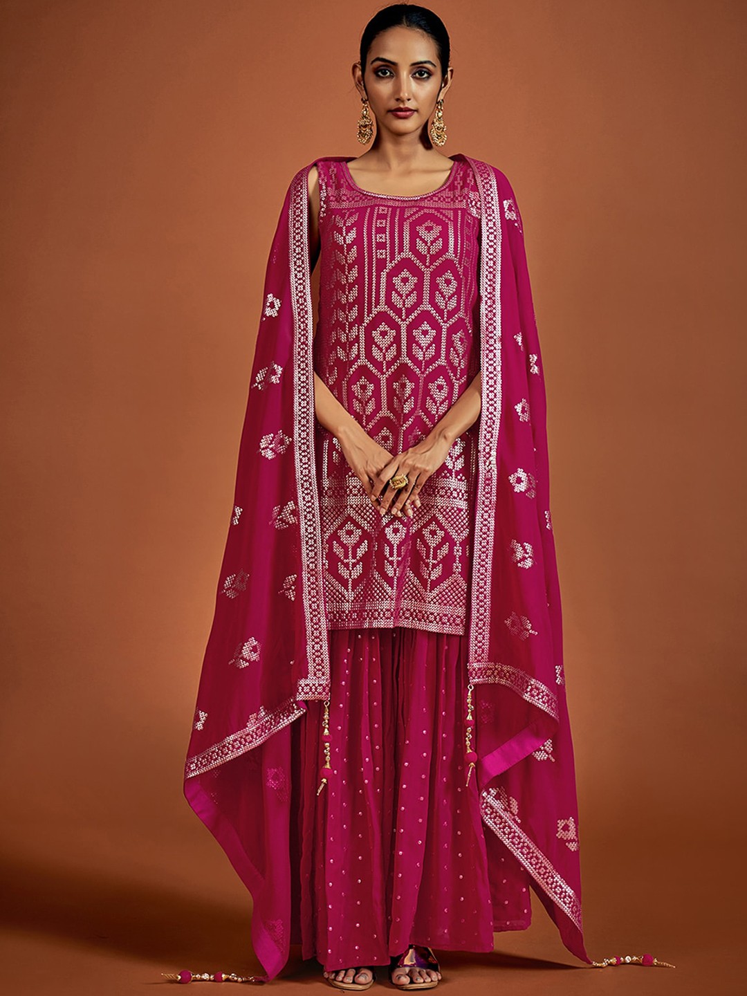 

ODETTE Ethnic Motifs Embroidered Sequined Kurta with Palazzos & Dupatta, Pink