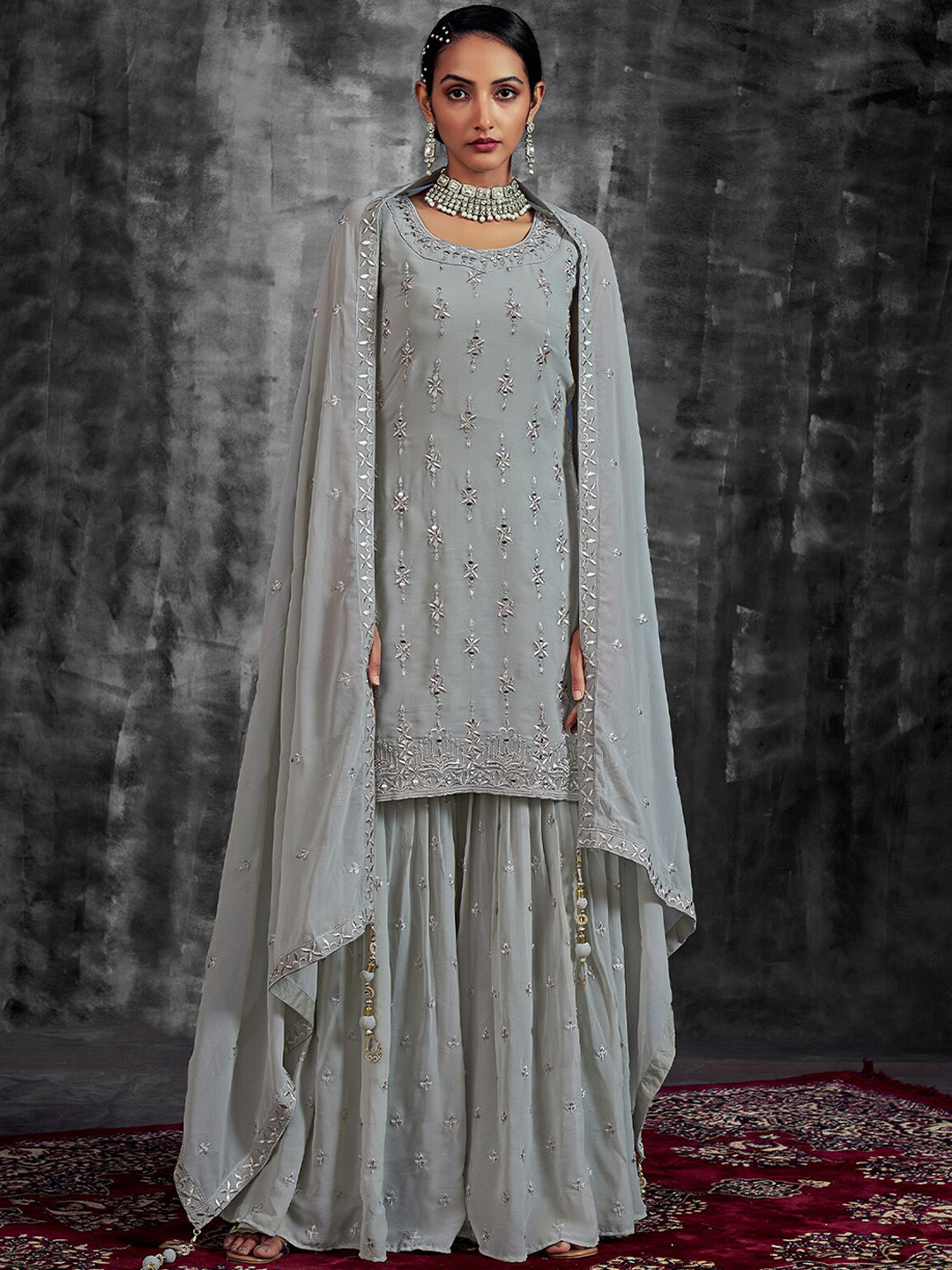 

ODETTE Ethnic Motifs Embroidered Mirror Work Kurta with Palazzos & Dupatta, Grey