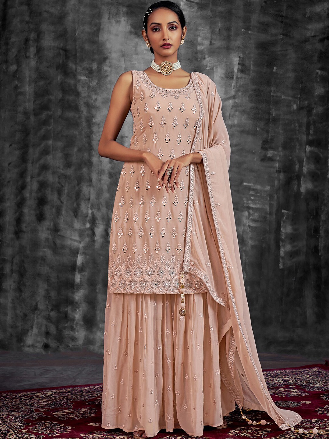

ODETTE Embroidered Mirror Work Kurta With Palazzos & Dupatta, Peach