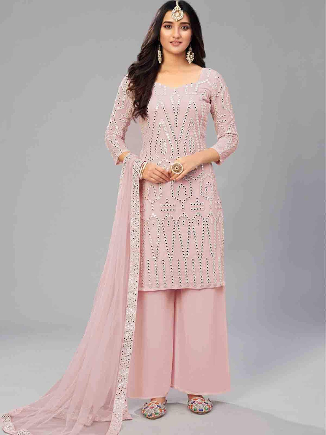 

ODETTE Embroidered Mirror Work Kurta With Palazzos & Dupatta, Pink