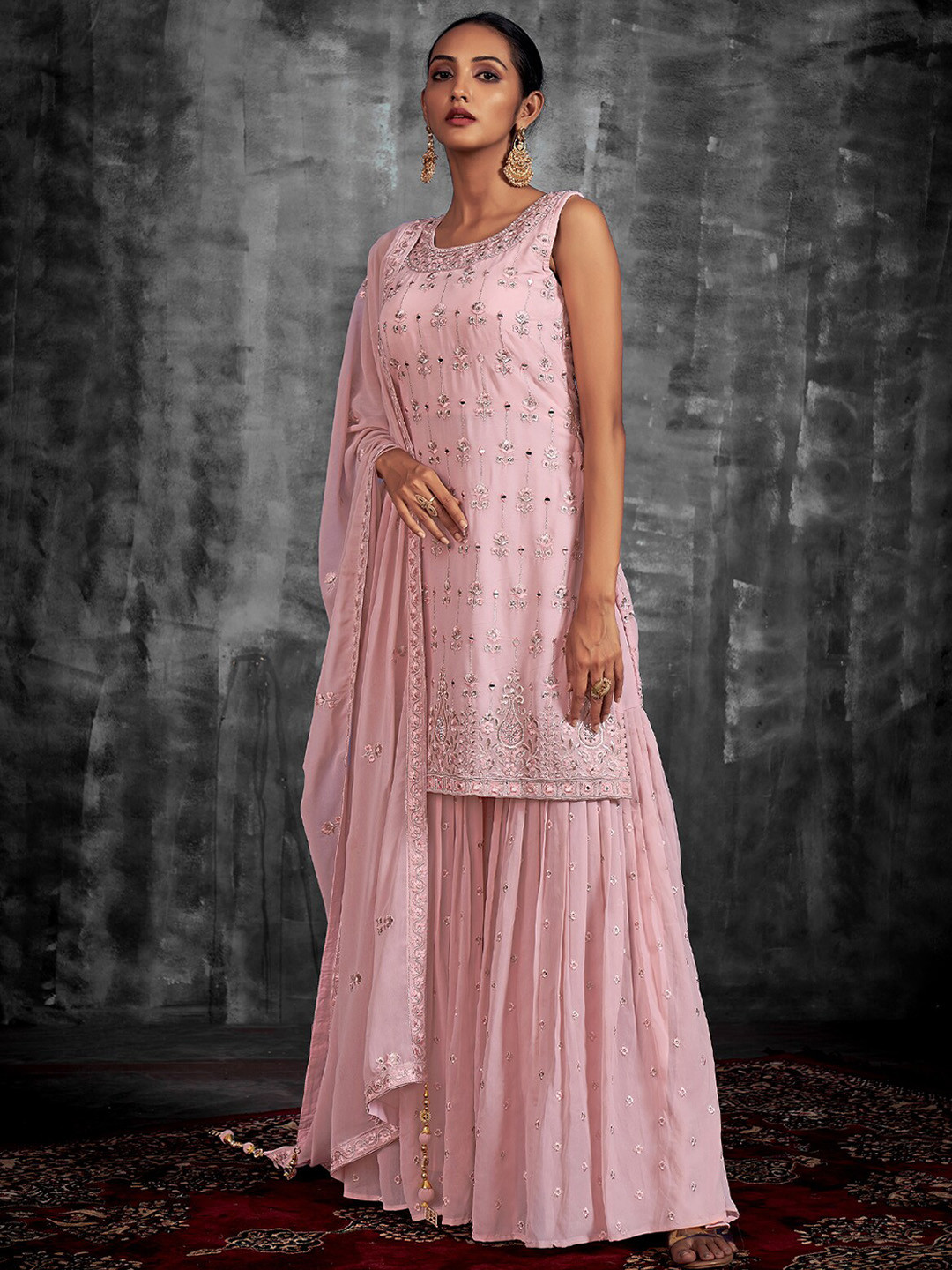 

ODETTE Floral Embroidered Mirror Work Kurta With Palazzos & Dupatta, Pink