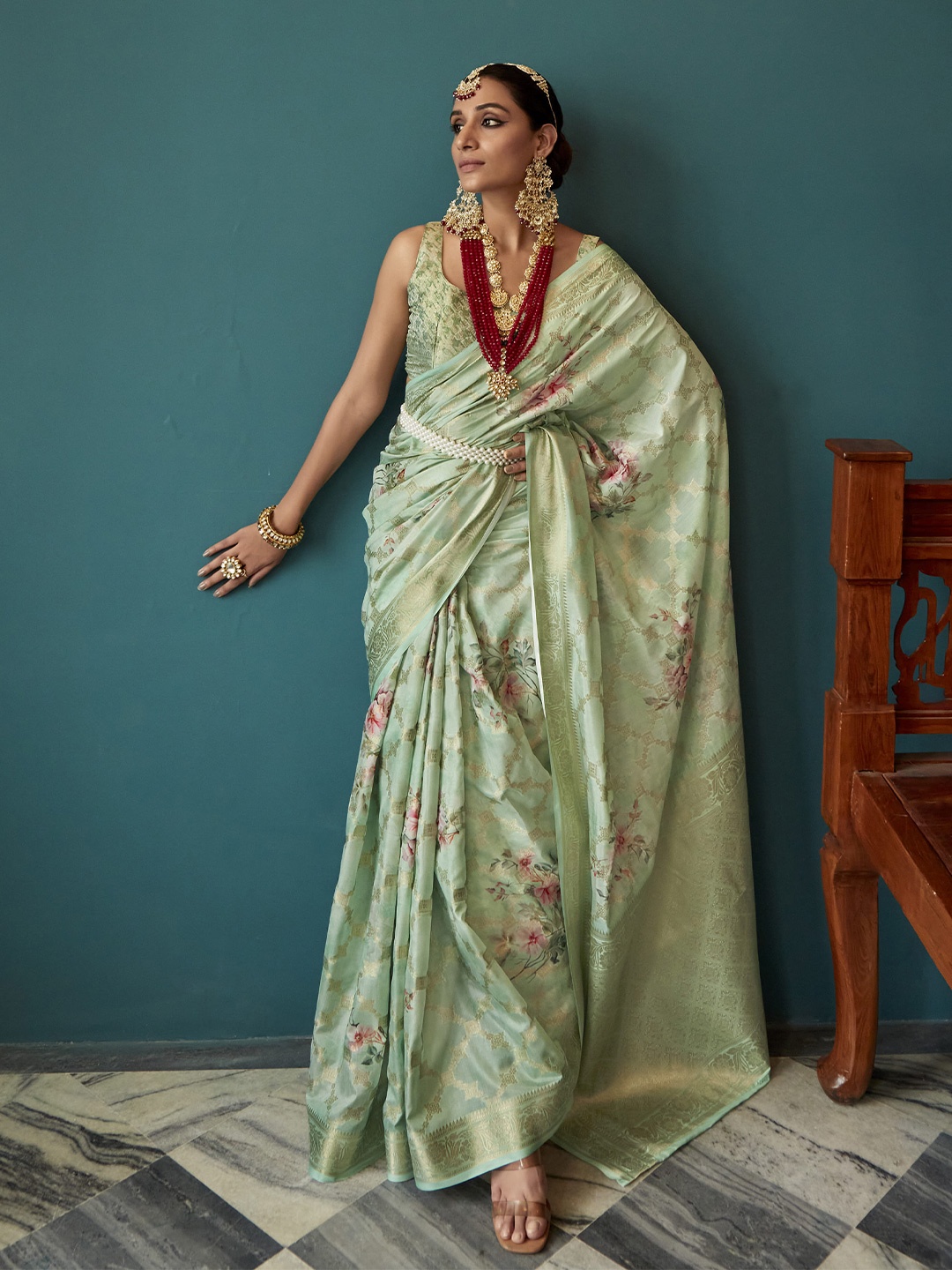 

elora Floral Digital Printed Woven Design Zari Pure Silk Bhagalpuri Saree, Sea green