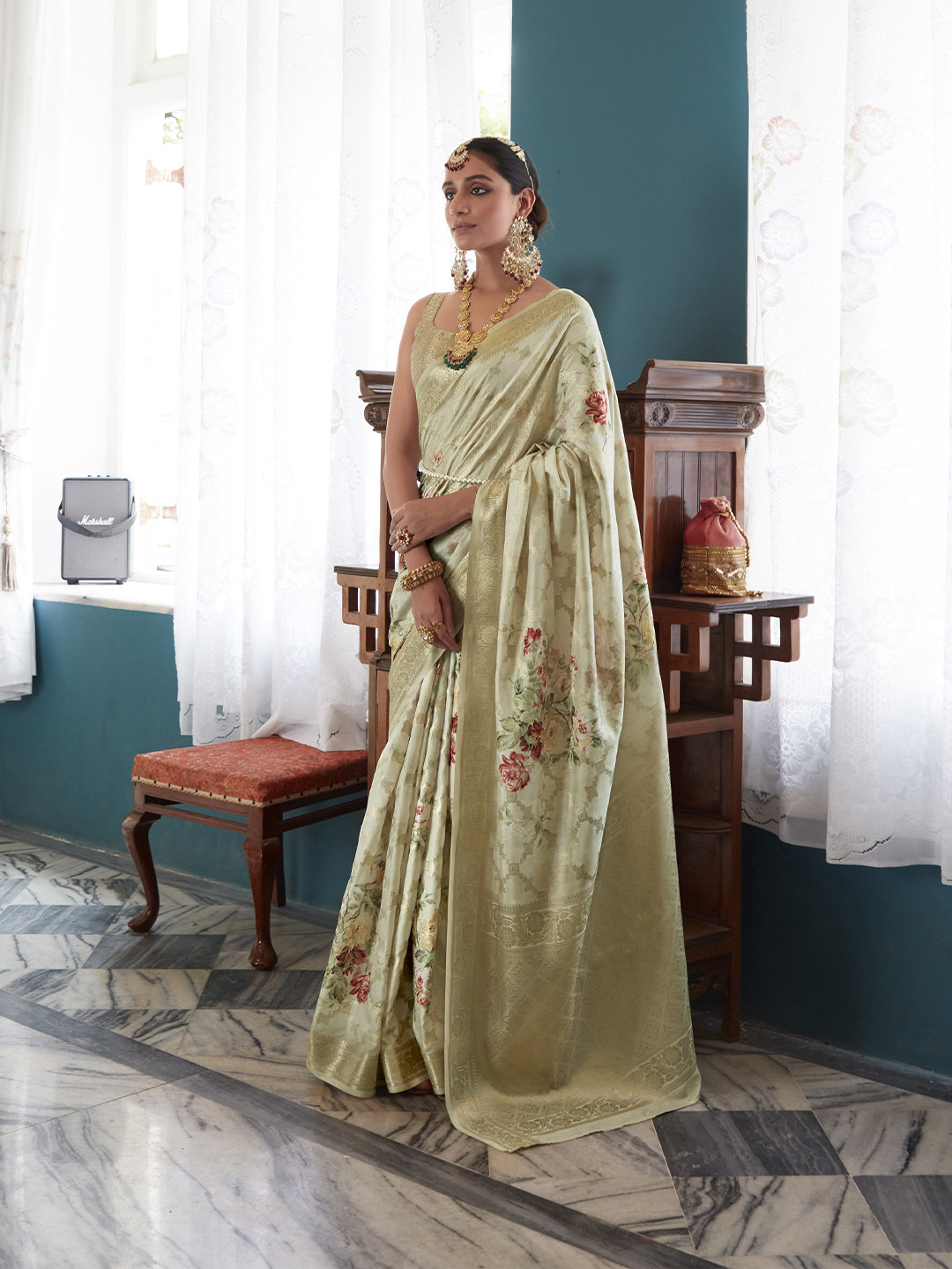 

elora Floral Digital Printed Woven Design Zari Pure Silk Bhagalpuri Saree, Sea green
