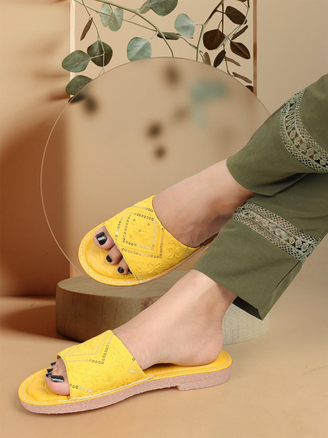 

ELLE Embroidered Fabric Open Toe Flats, Yellow