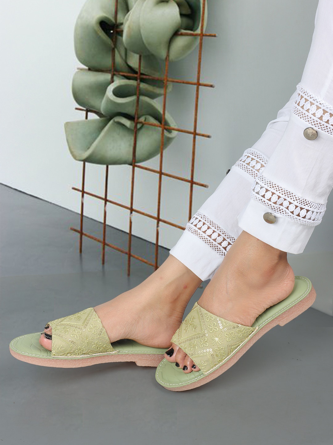 

ELLE Embroidered Fabric Open Toe Flats, Sea green