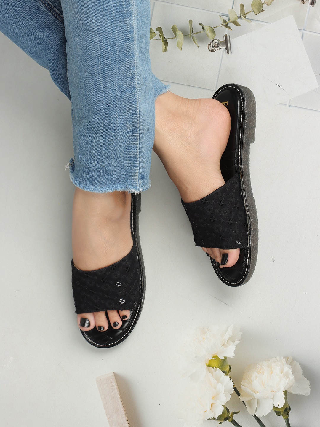 

ELLE Embroidered Fabric Open Toe Flats, Black