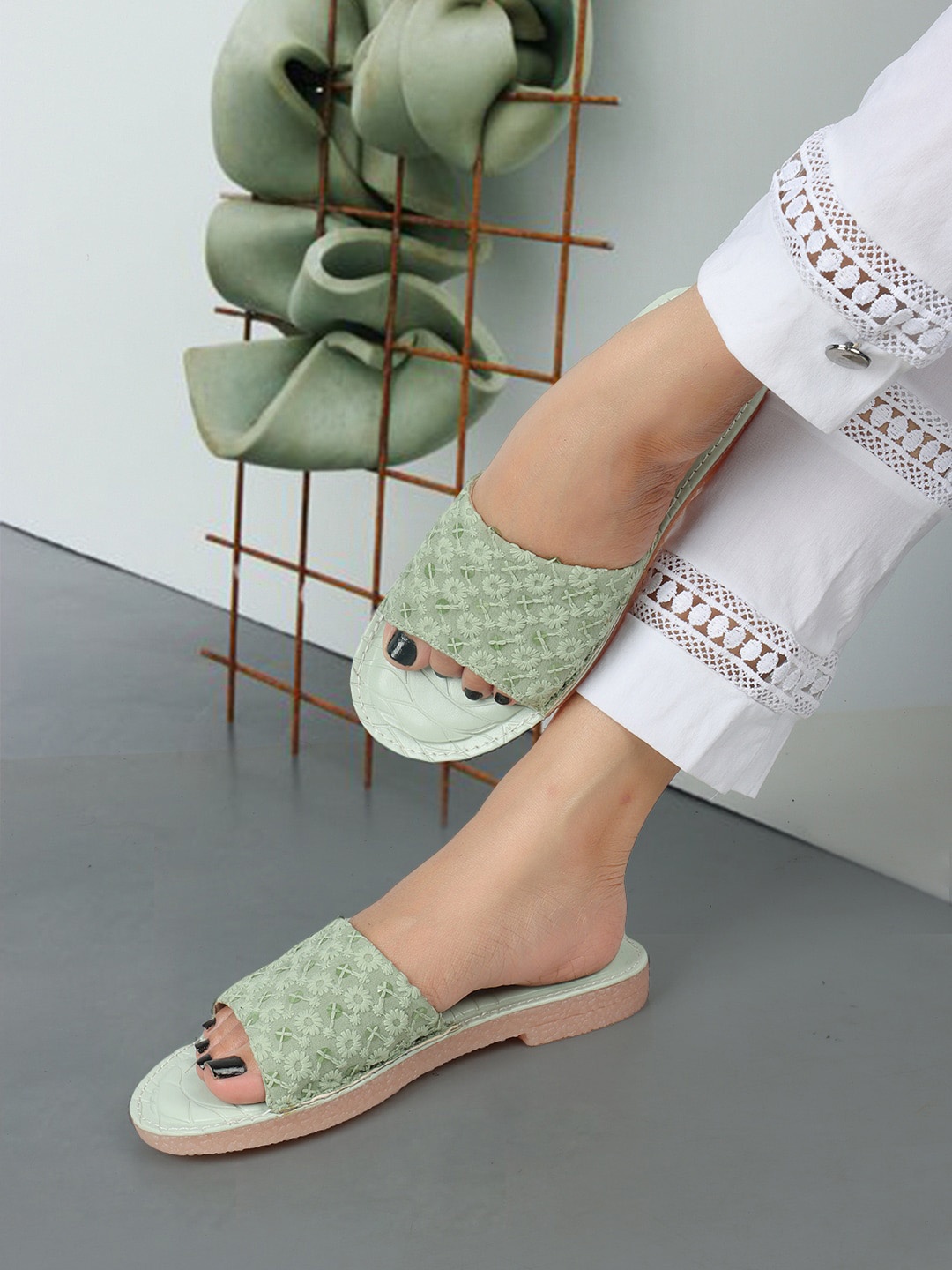 

ELLE Embroidered Open Toe Flats, Sea green