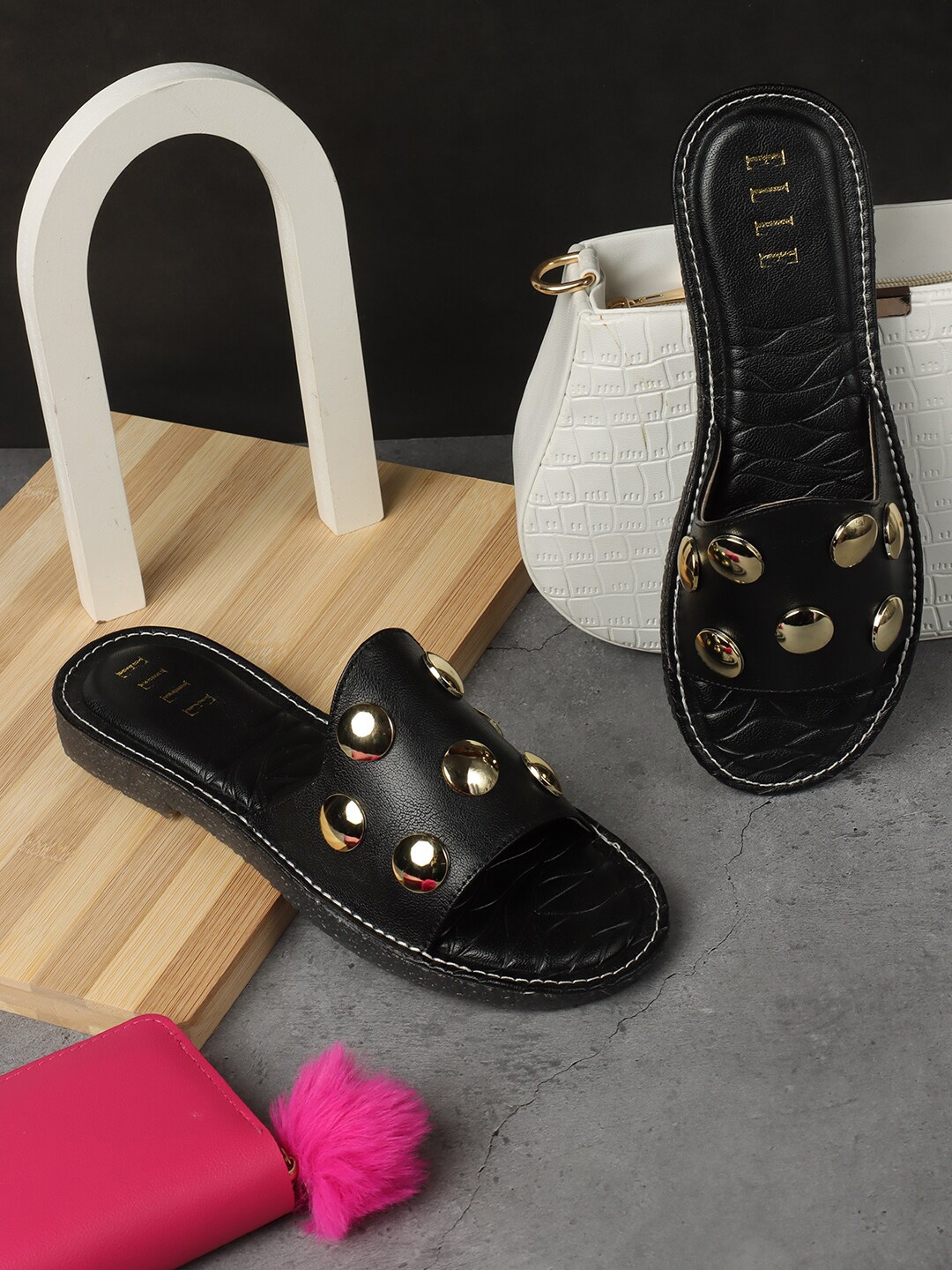 

ELLE Embellished Open Toe Flats, Black