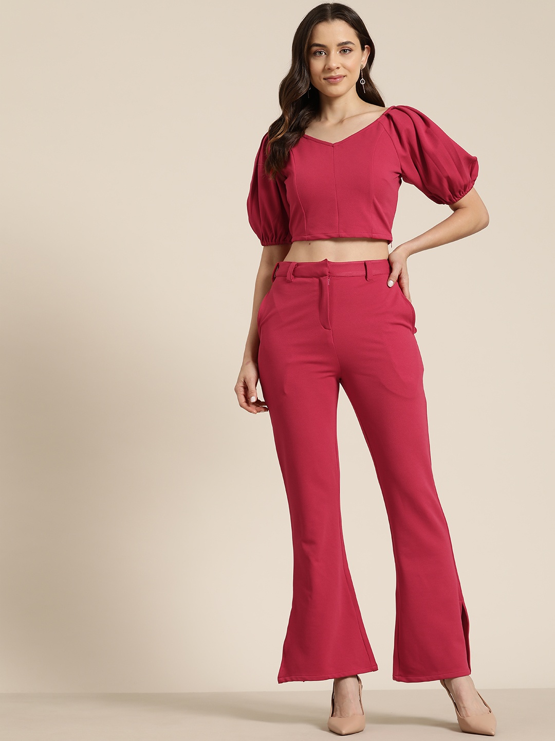 

HERE&NOW Sweetheart Neck Puff Sleeves Crop Top & Flared Trousers, Red