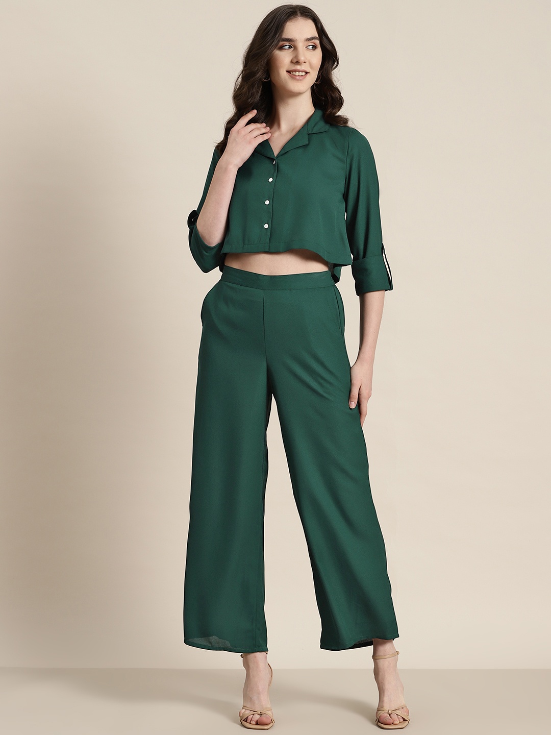 

HERE&NOW Women Notched Lapel Collar Crop Co-Ords, Green