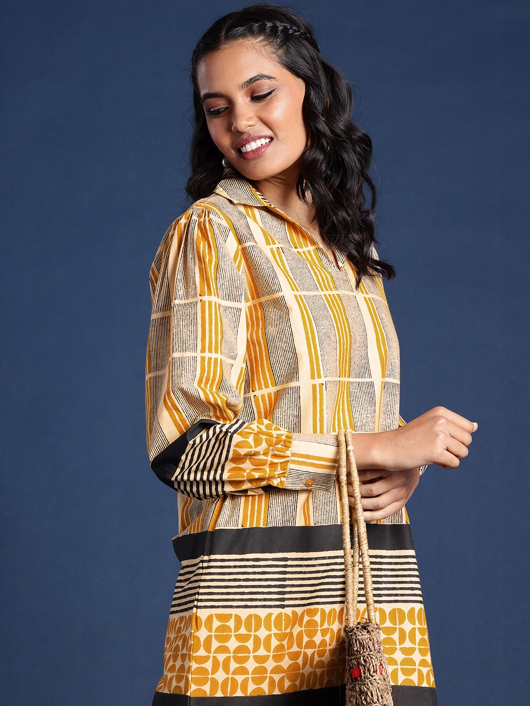 

Taavi Pure Cotton Geometric Printed Above Knee A-Line Bagru Ethnic Dresses, Mustard