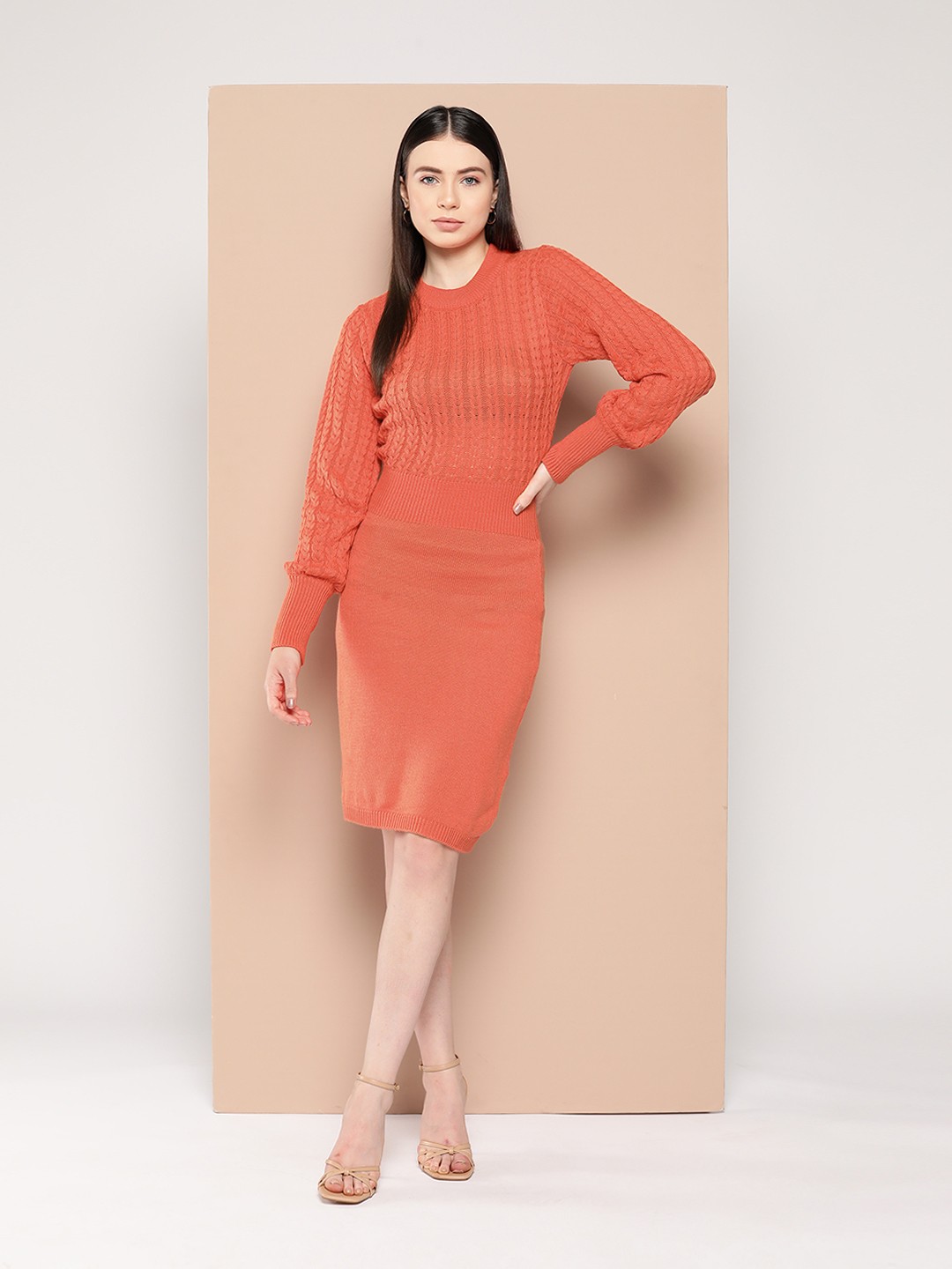 

Chemistry Solid Cable Knit Bishop Sleeves Acrylic Sweater Dress, Orange