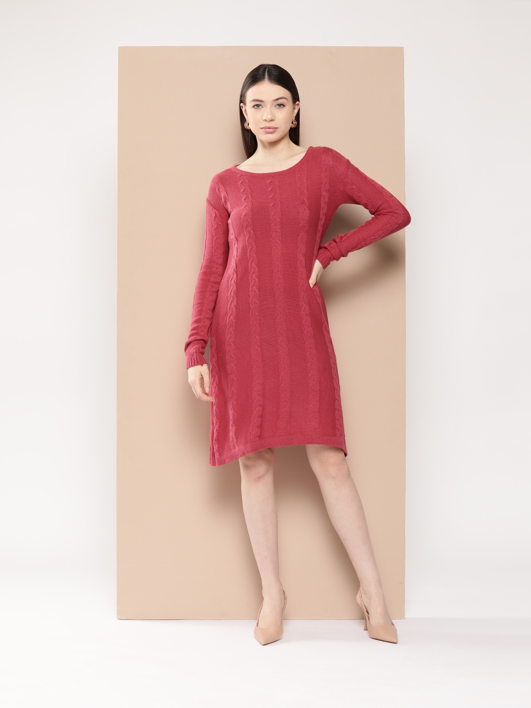 

Chemistry Cable Knit Self Design Jumper Acrylic Dress, Red