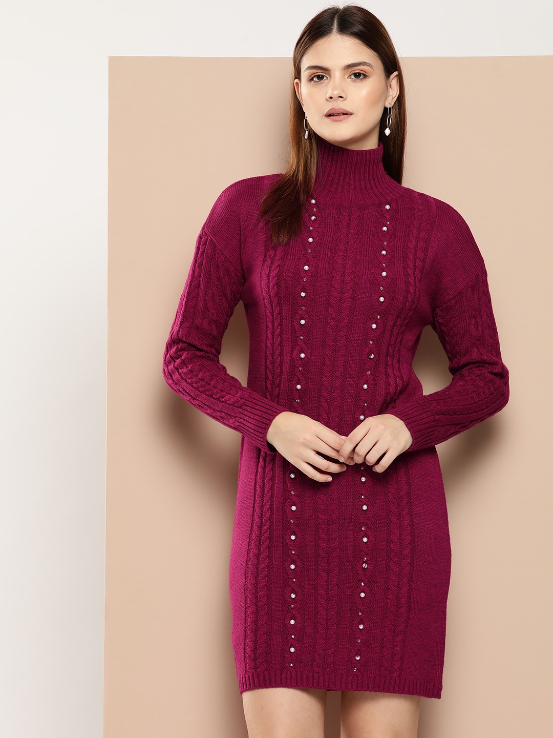 

Chemistry High Neck Embellished Drop-Shoulder Sleeves Cable Knit Acrylic Jumper Dress, Magenta