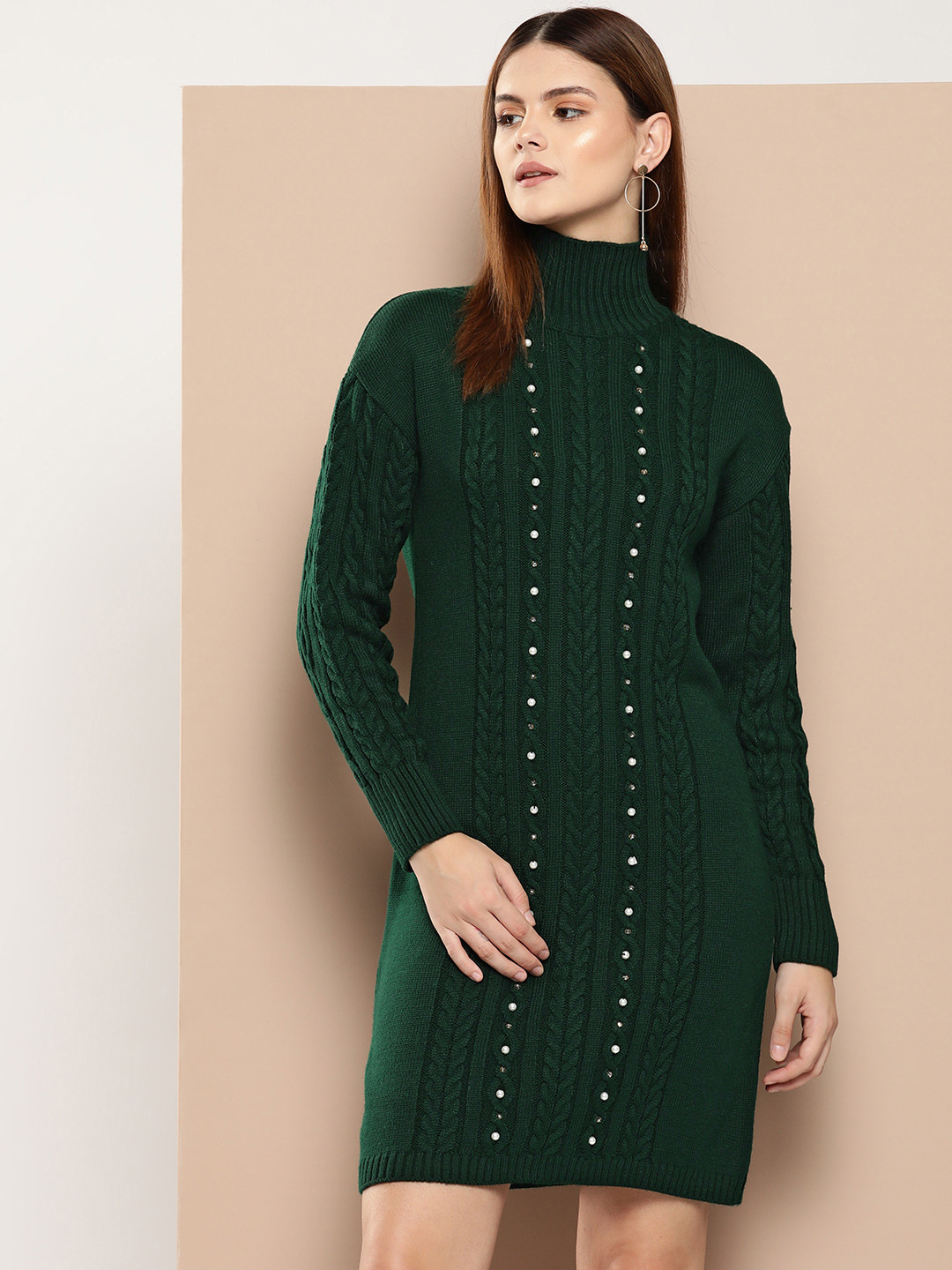 

Chemistry High Neck Embellished Drop-Shoulder Sleeves Cable Knit Acrylic Jumper Dress, Green