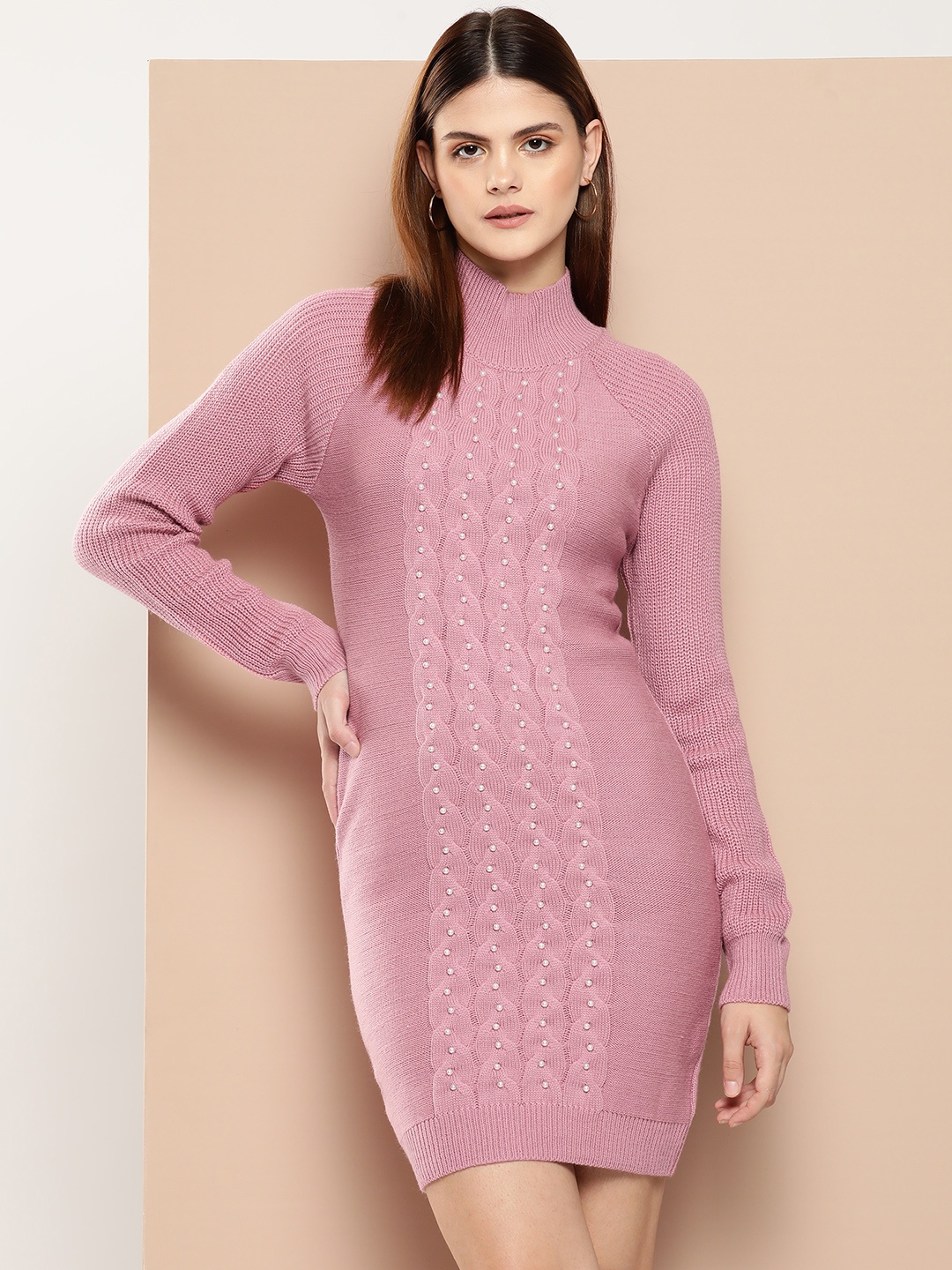 

Chemistry High Neck Pearl Embellished Raglan Sleeves Cable Knit Acrylic Jumper Dress, Pink