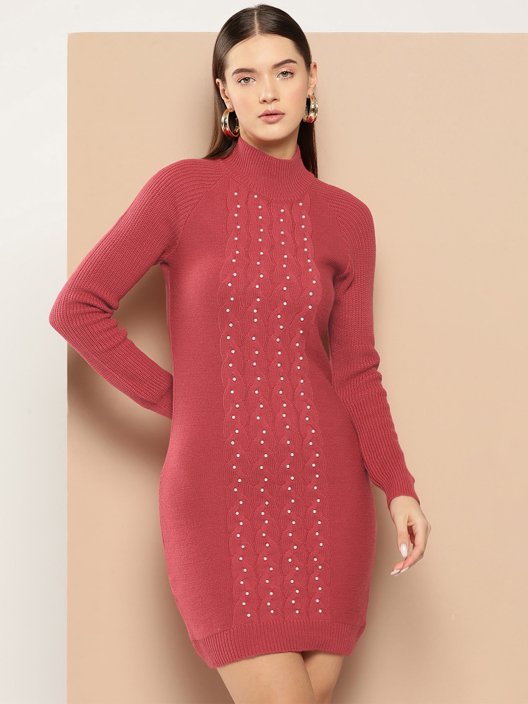 

Chemistry Pure Acrylic Beaded Cable Knit Mini Sweater Dress, Rose