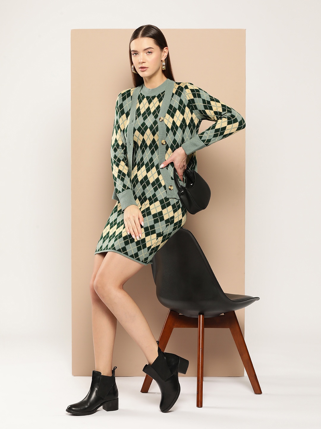 

Chemistry Argyle Pattern Acrylic Dress with Cardigan, Green