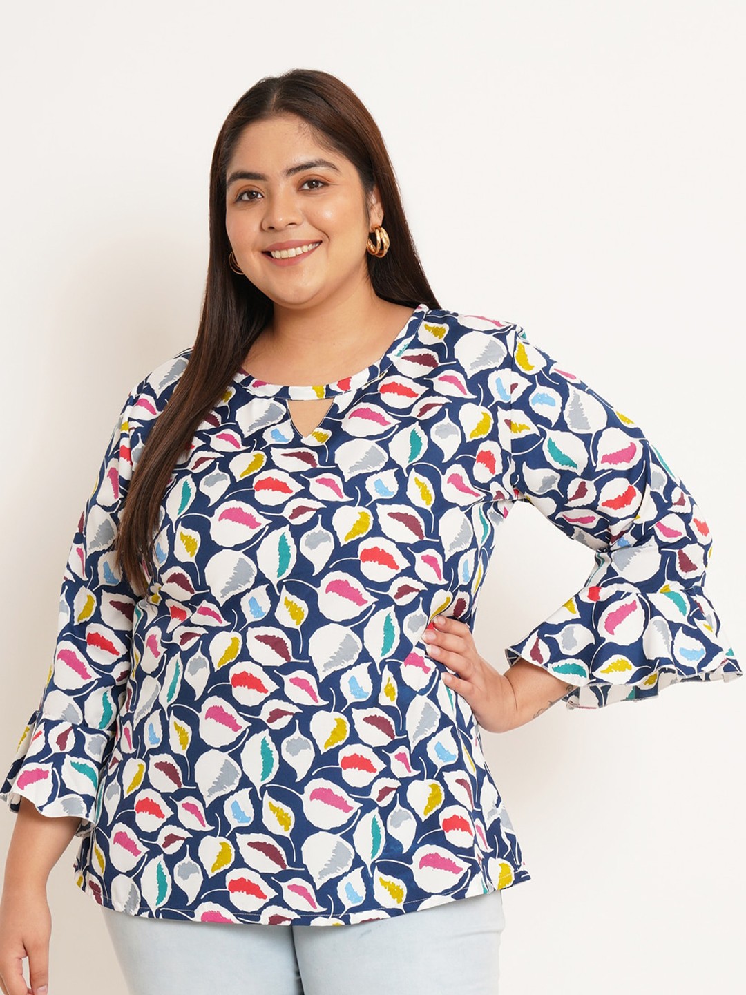 

U&F Beyond Plus Size Floral Printed Keyhole Neck Bell Sleeve Top, Blue