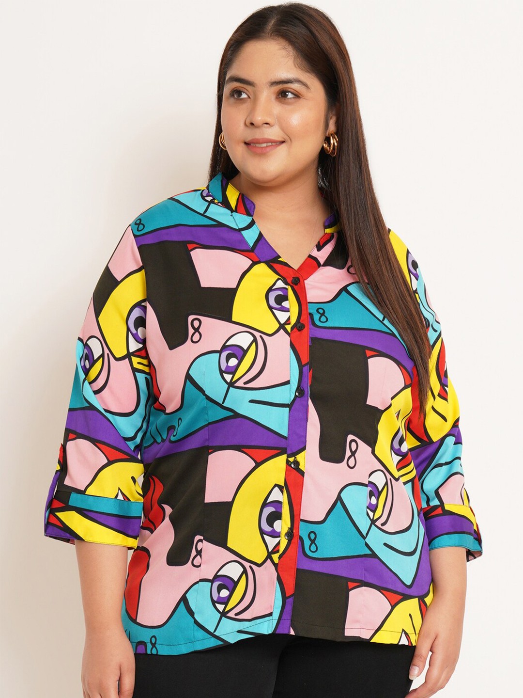 

U&F Beyond Plus Size Abstract Printed Shirt Style Top, Blue