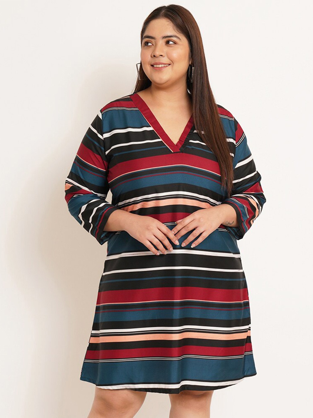

U&F Beyond Plus Size Striped V-Neck A-Line Dress, Black