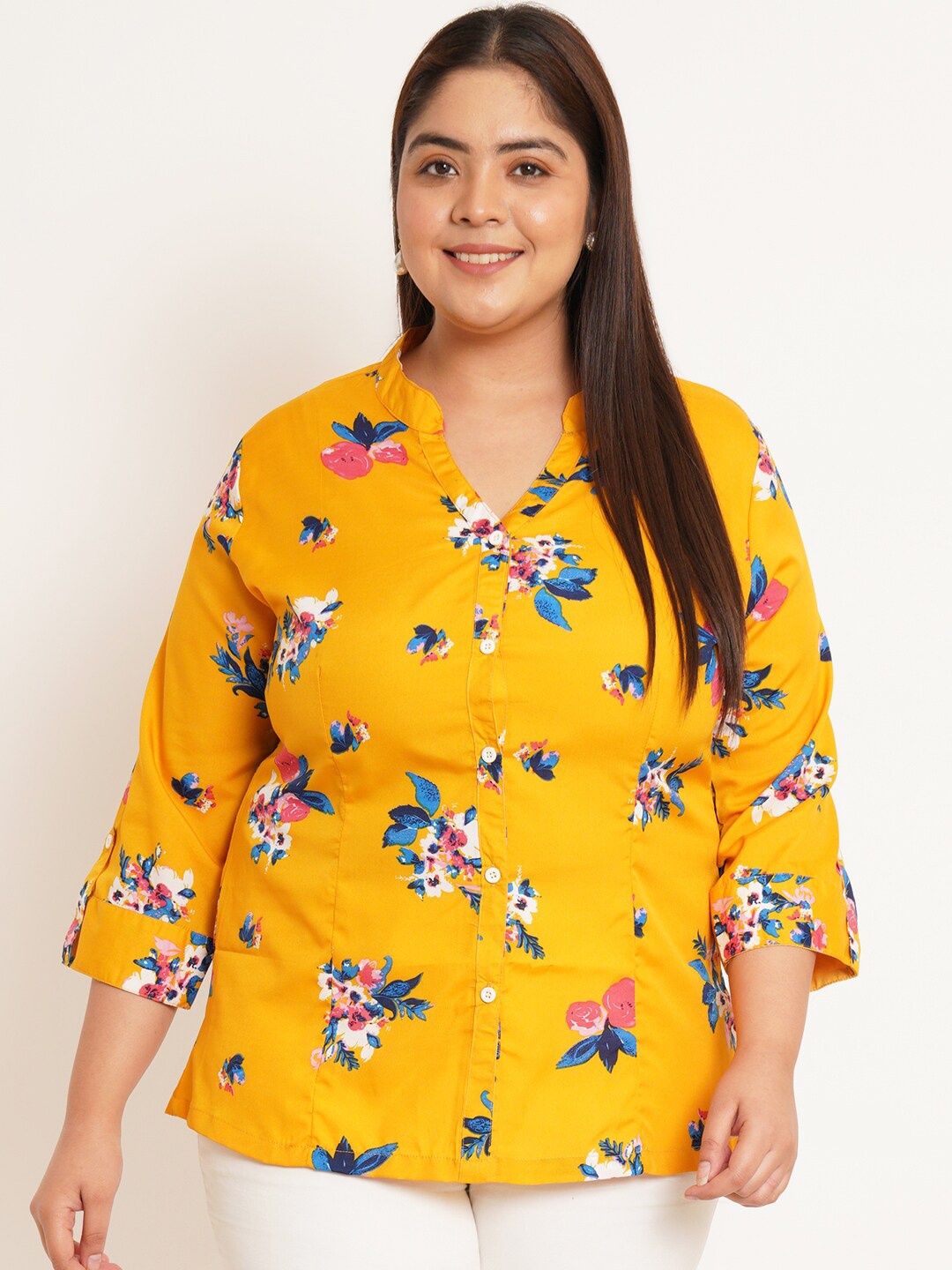 

U&F Beyond Plus Size Floral Printed Mandarin Collar Shirt Style Top, Yellow