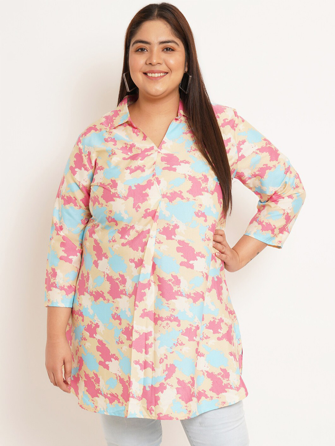 

U&F Beyond Abstract Printed Shirt Collar Tunic, Beige